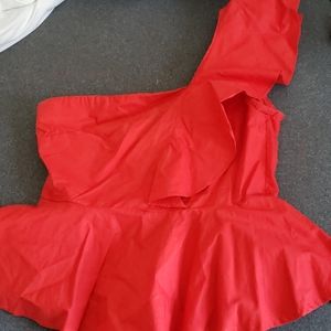 Red one shoulder ruffled detail blouse